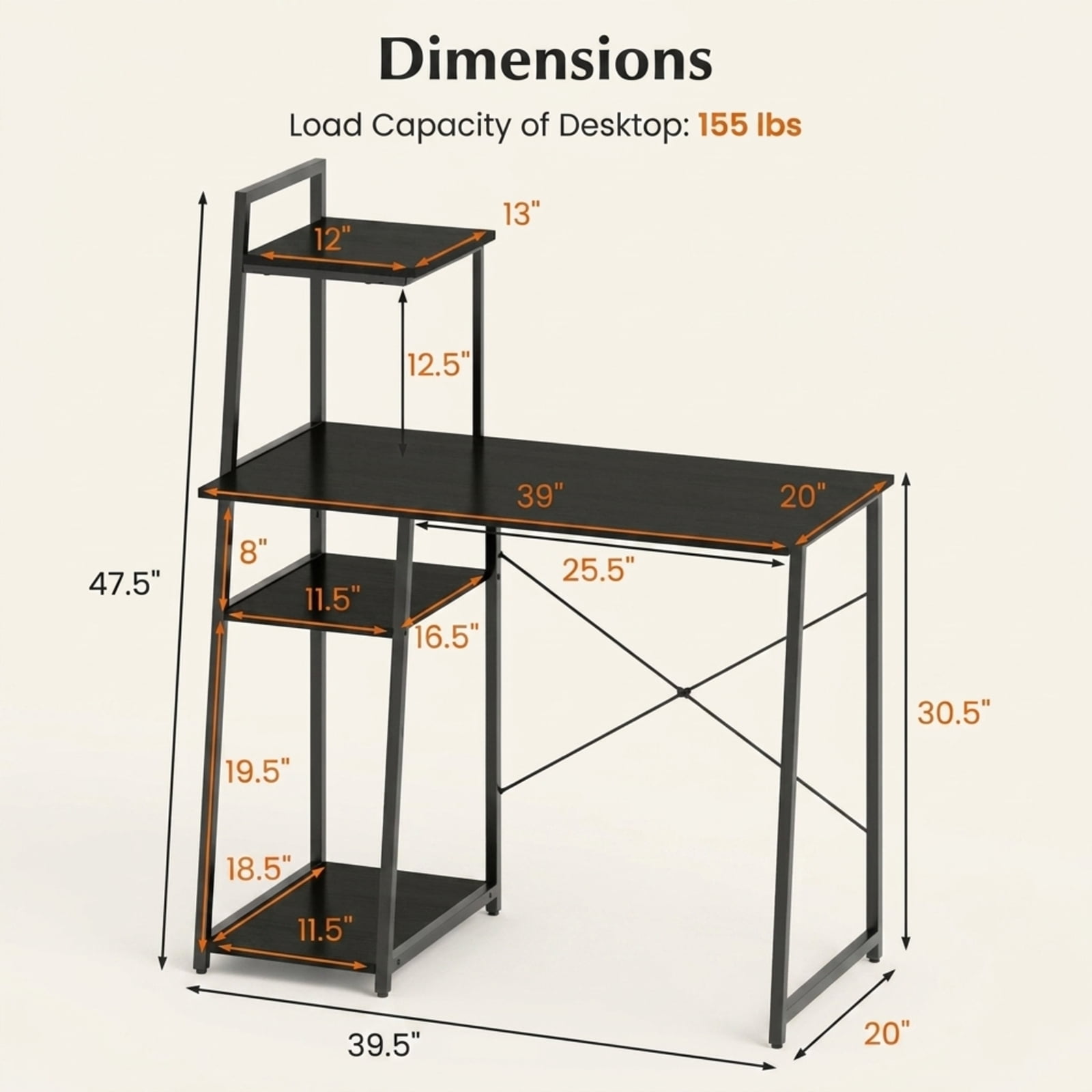 Furnibear Computer Desk with 3-Tier Storage Bookshelf Metal Frame Home Office Writing Workstation and Open Display Shelves, Black