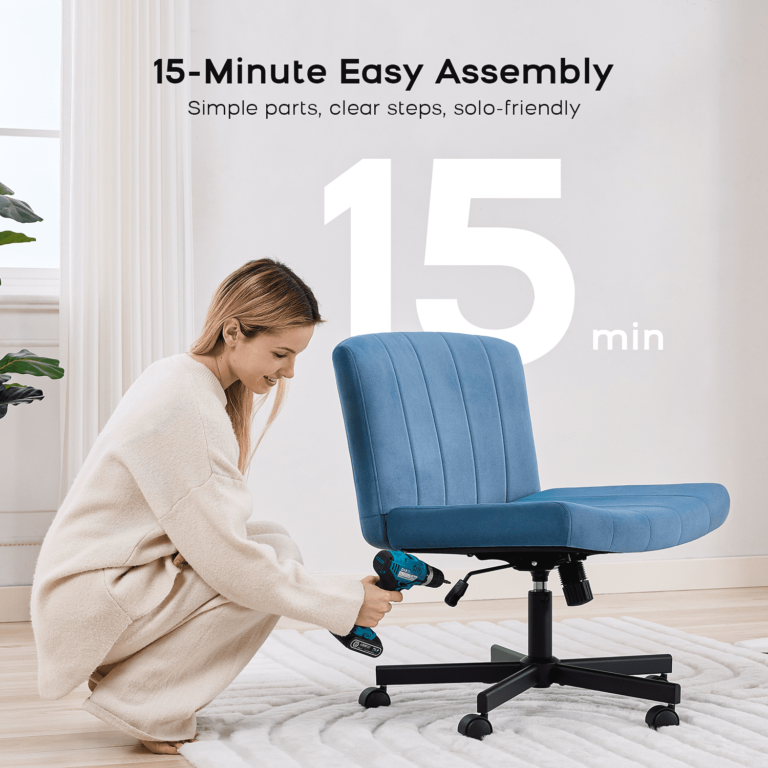 TMV Criss Cross Chair–Armless Office Chair, Fabric Padded Vanity Chair Computer Chair with Wheels, Wide Seat Swivel Desk Chair for Home Office，Navy Blue