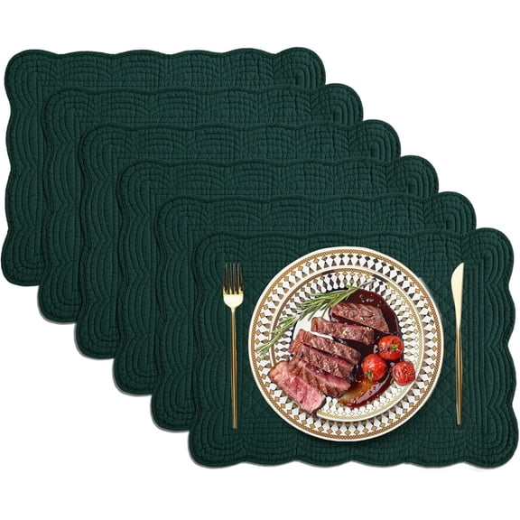 Quilted Placemats Set of 6, 100% Cotton 13"x18" Table Mats Farmhouse Style, Rectangle Reversible Tabletop with Scalloped Edges for Kitchen Dinner Party Holidays, Dark Green, Machine Washable