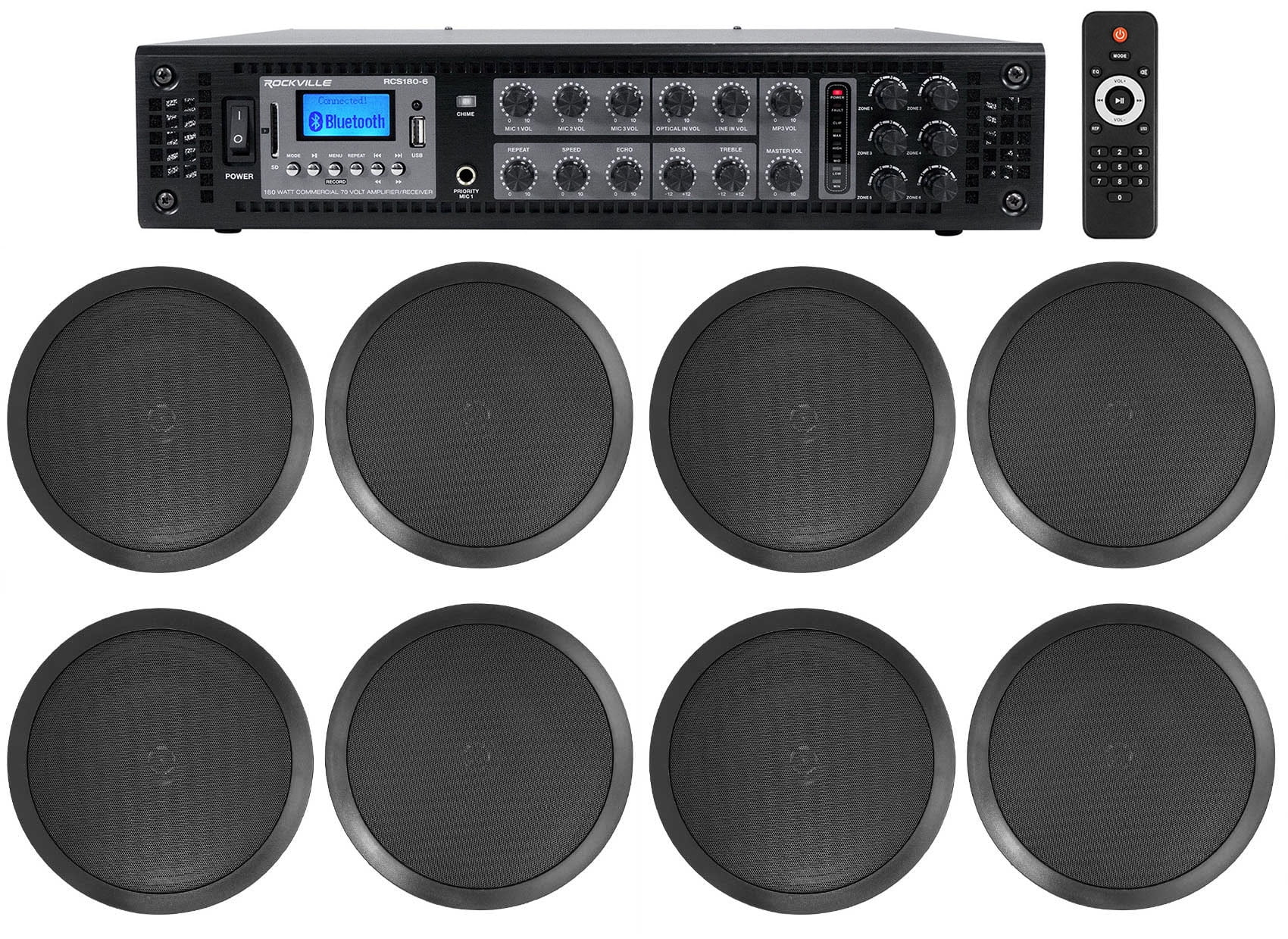 Rockville 6Zone 70v Amplifier+(8) 8" 2Way Black Ceiling Speakers 4
