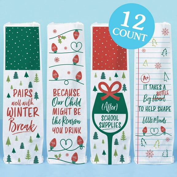 Big Dot of Happiness Teacher Holiday Presents Wine Gift Bags, Funny Teacher Appreciation Christmas Thank You Wine Bottle Gift Wrap, Bulk Holiday Paper Bags - 12 ct