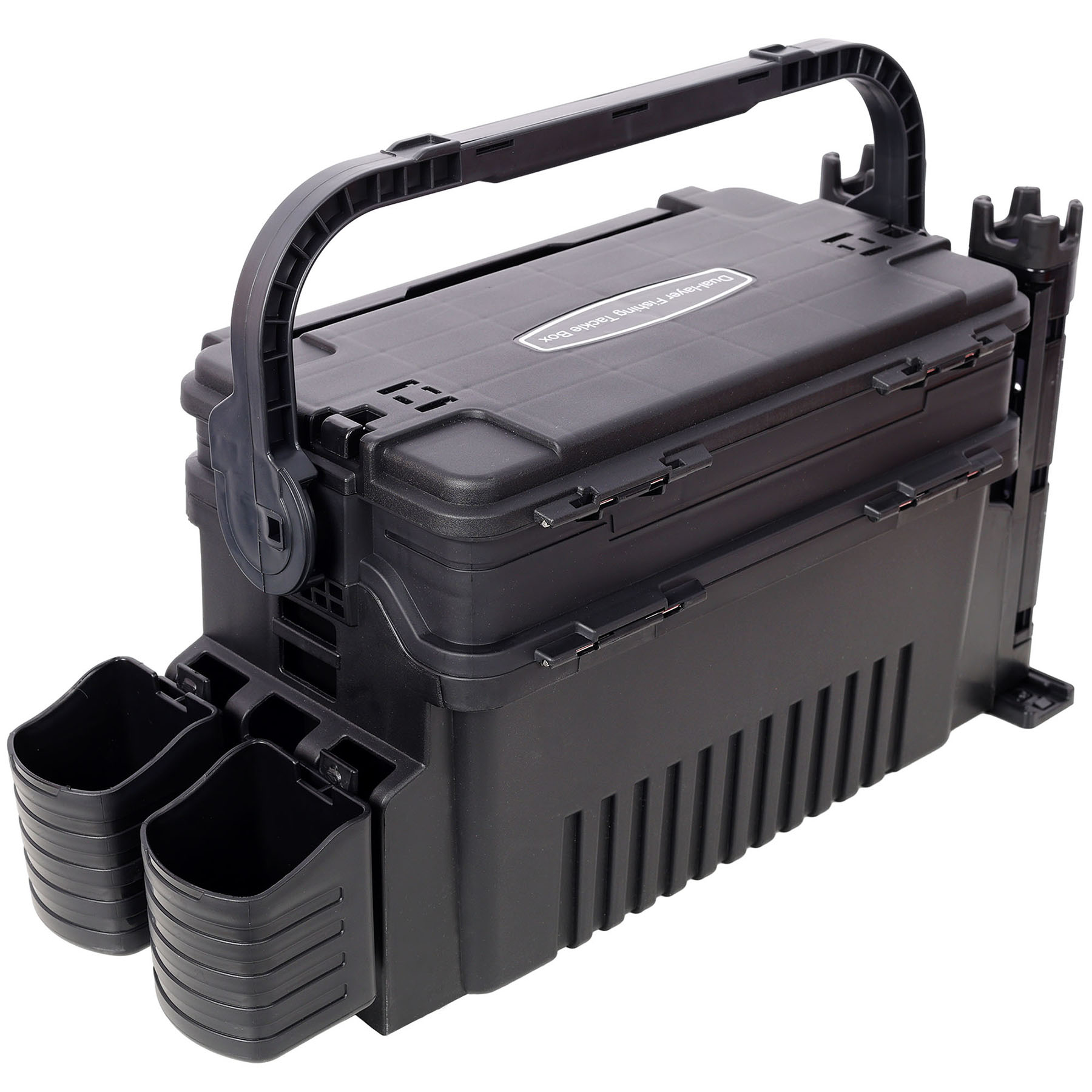 Large Dual-Layer Fishing Tackle Box Organizer With 2 Rod Holders And Cup Holders For Outdoor Fishing Adventures