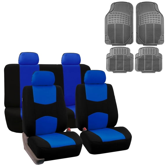 FH Group Cloth Solid Bench Seat Cover, Full Set with Gray Heavy Duty Floor Mats, Blue Black