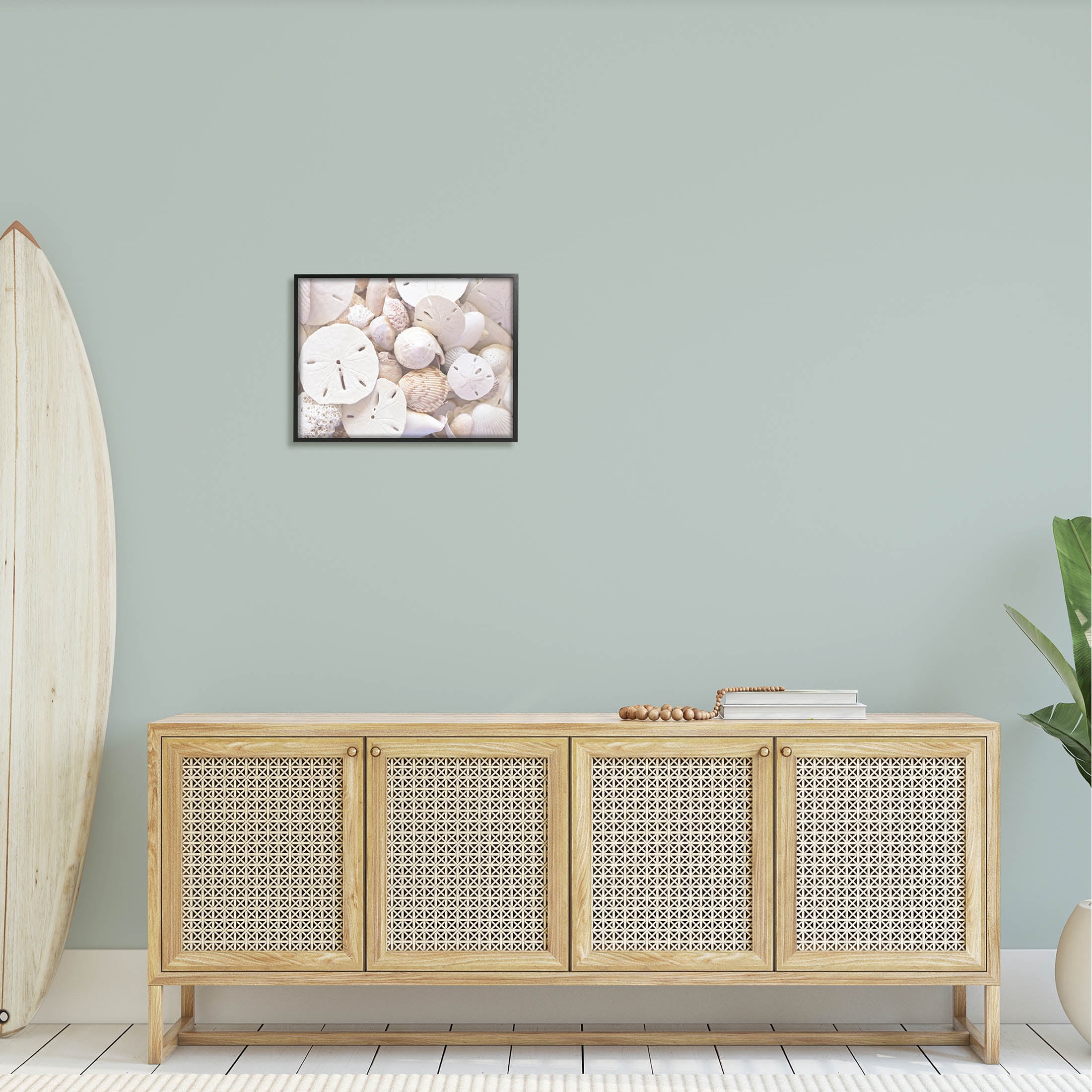 White Mixed Sand Dollar Shells Coastal Photograph Black Framed Art Print Wall Art