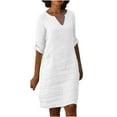 thumbnail image 7 of Womens Summer V Neck Linen Dress Loose Half Sleeve Solid Linen Dress White M, 7 of 7