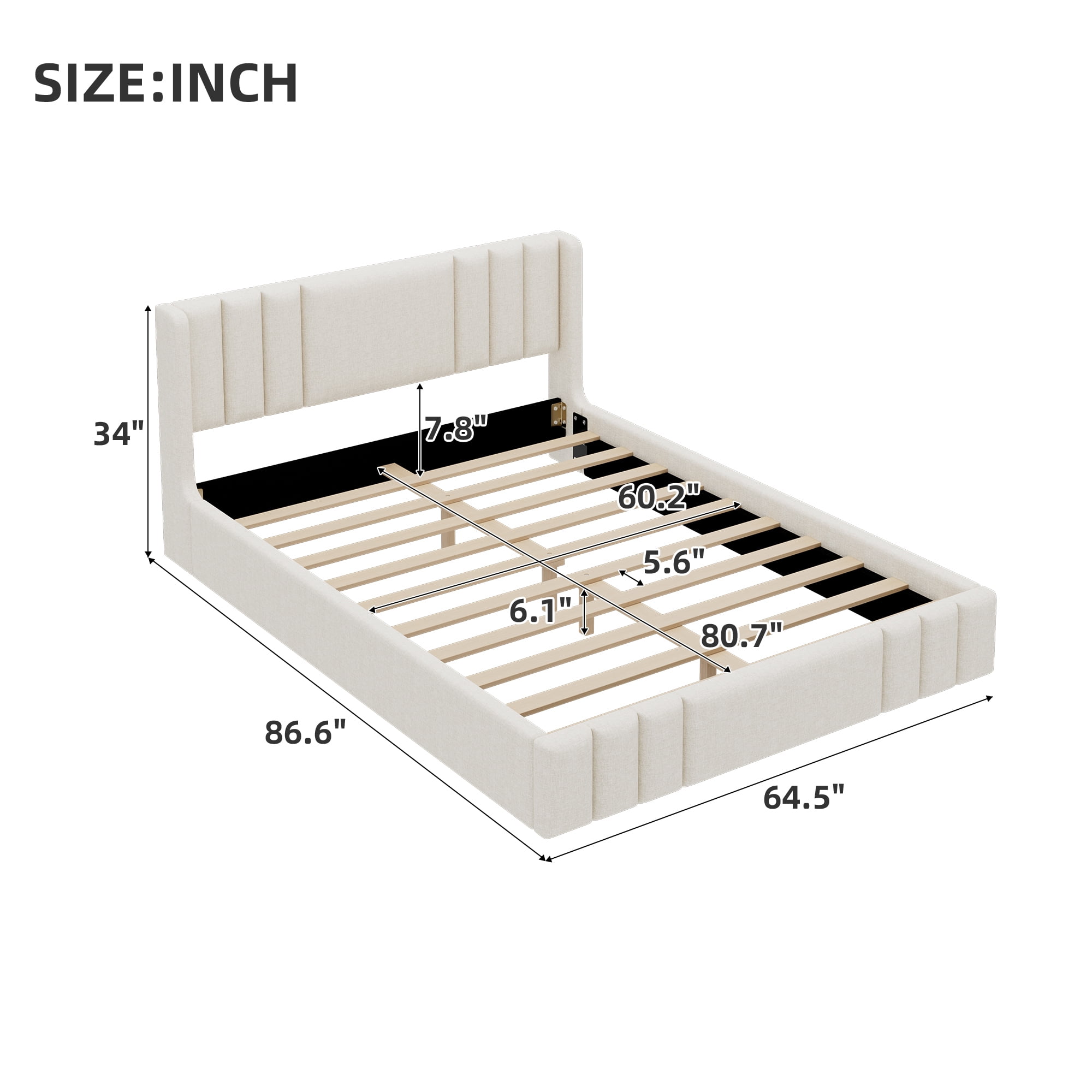Euroco Queen Size Upholstery Platform Bed with Headboard, No Box Spring Needed, Beige