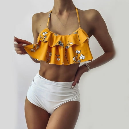 

Finelylove Cute Swimsuit For Women Lightly Lined Sport Bra Style High Waist Yellow S