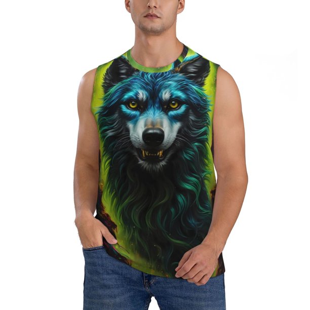 Balery Fluorescent Wolf Camisetas sin mangas para hombre, absorbe la humedad y protege contra el mal olor.-Medium