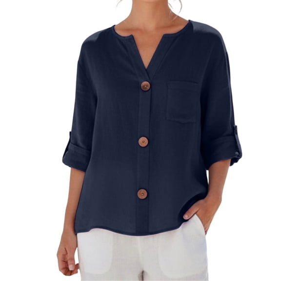 Kezqiaxn 3/4 Length Sleeve Womens Tops Summer V-Neck Button Up Shirt Loose Fit Work Blouses Plus Size Fashion