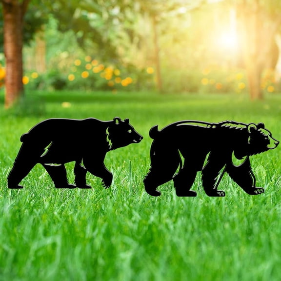 2Pcs 2 Styles Animal Garden Stakes Yard Stake Silhouette Mixed Sizes Metal Decorative Black Bear Garden Statue