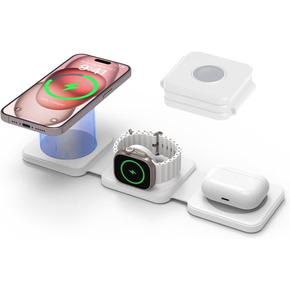 Charging Station Magnetic for Mag-Safe Charger: Wireless Charger Pad - 3 in 1 Foldable Travel Stand for iPhone 16/15/14/13/12 Series, A-pple Watch 9-2, Air-pods 3/2/Pro