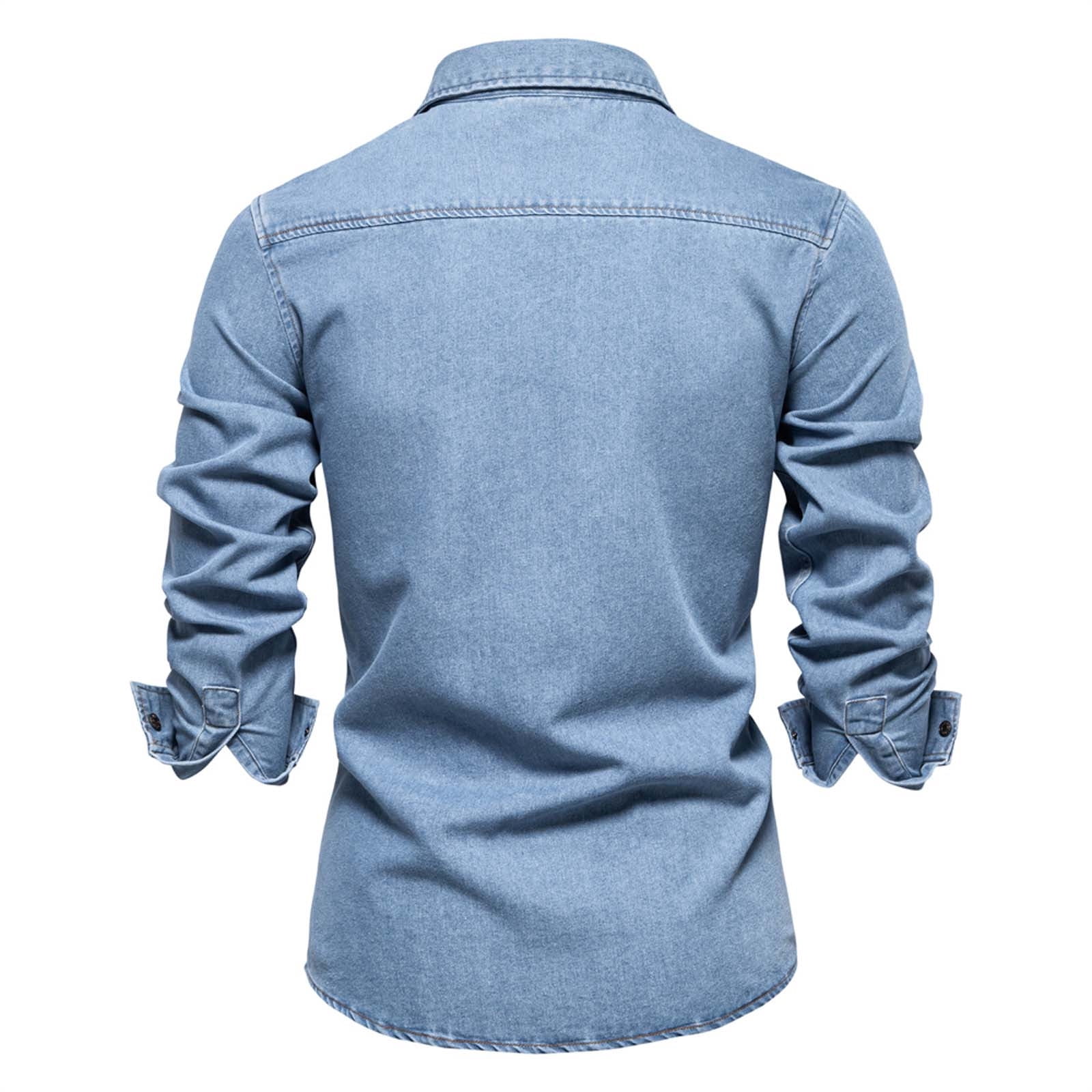 Mens T-shirts Fall New Trend European Size Denim Shirt Mens Casual Solid Color Long Sleeve Washed Shirt Long L Christmas T Fit Mom Baseball Mom Hoodies Men Turtle Neck Tee Sleeve Tees Blue XL