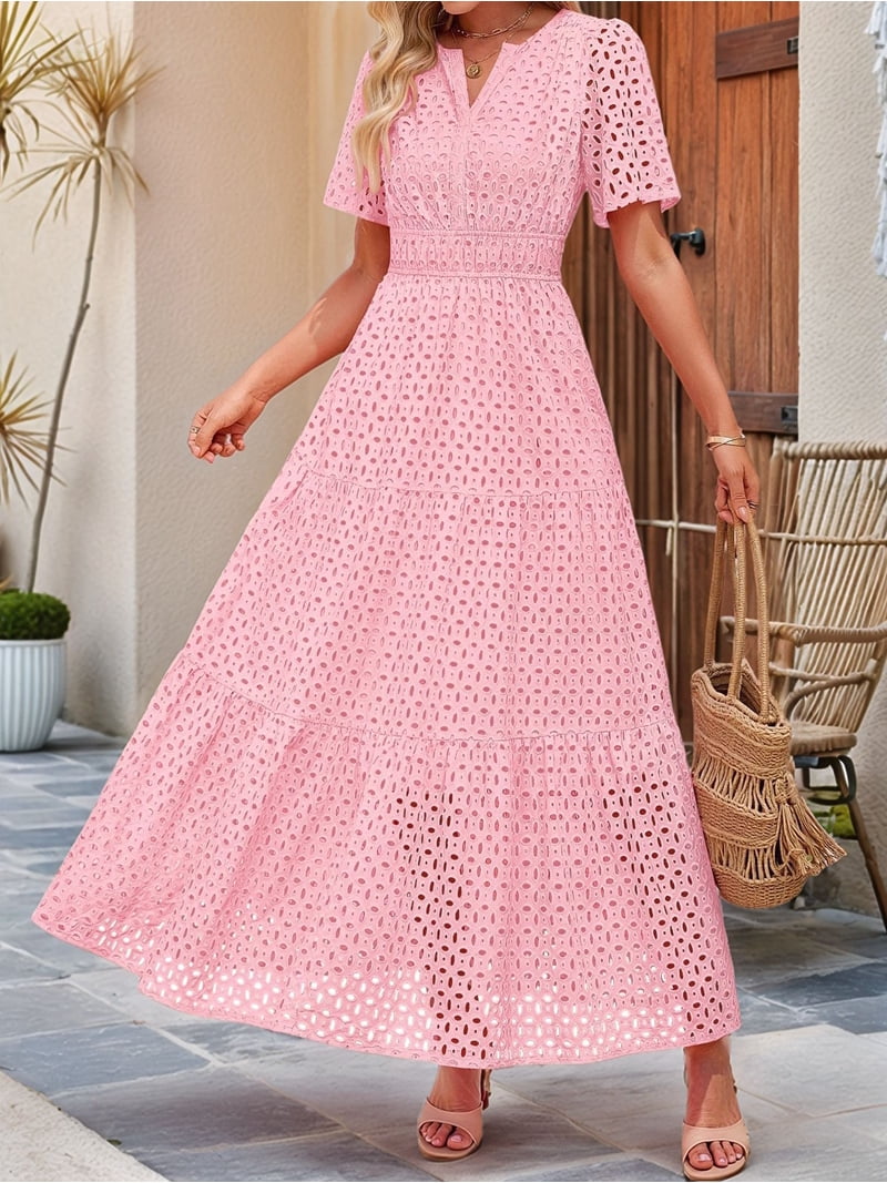 Women'S Summer Short Sleeve Maxi Dress Casual V Neck Hollow Out Eyelet  Ruffle Swing A Line Long Dresses Pink XXL - Walmart.com