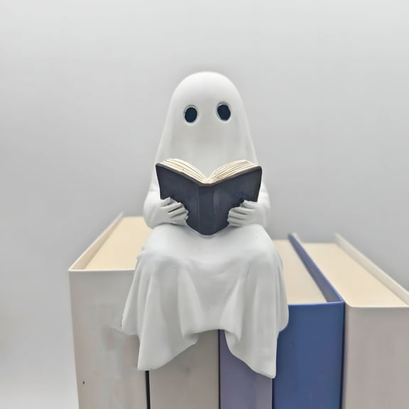 Halloween Decorations Cute Reading Ghost Figurine, 6.1" Resin Spooky Book-Loving Specter for Home/Office Decor