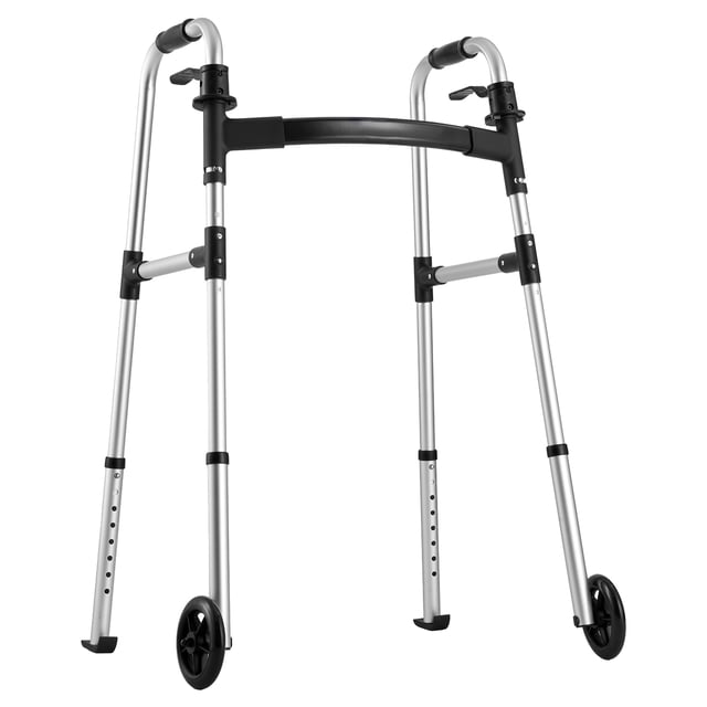 KFFKFF Folding Walker, 2-Button Foldable Walker with 5" Wheels & 8-Level Adjustable Height, 350LBS Loading Lightweight Aluminum Mobility