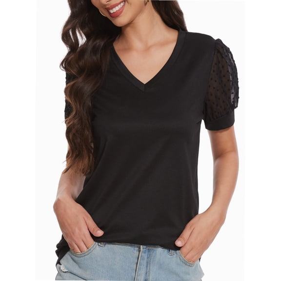 Womens Summer Tops V Neck T Shirts Swiss Dot Puff Sleeve Tops Loose Casual Tshirts