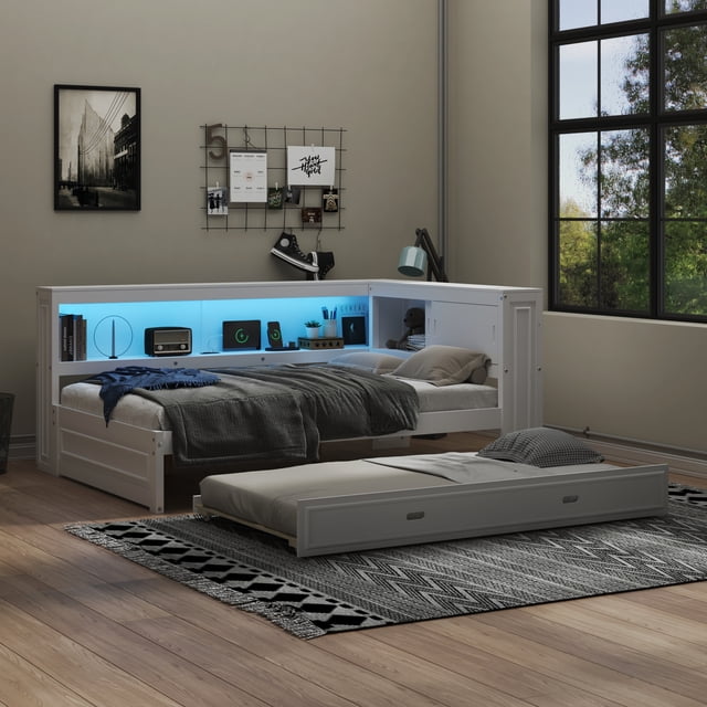 MODERNLUXE Full Size Daybed with Trundle, Corner Bed Frame with Bookcase Storage,Charging Station and LED Lights for Bedroom & Guest Room,White