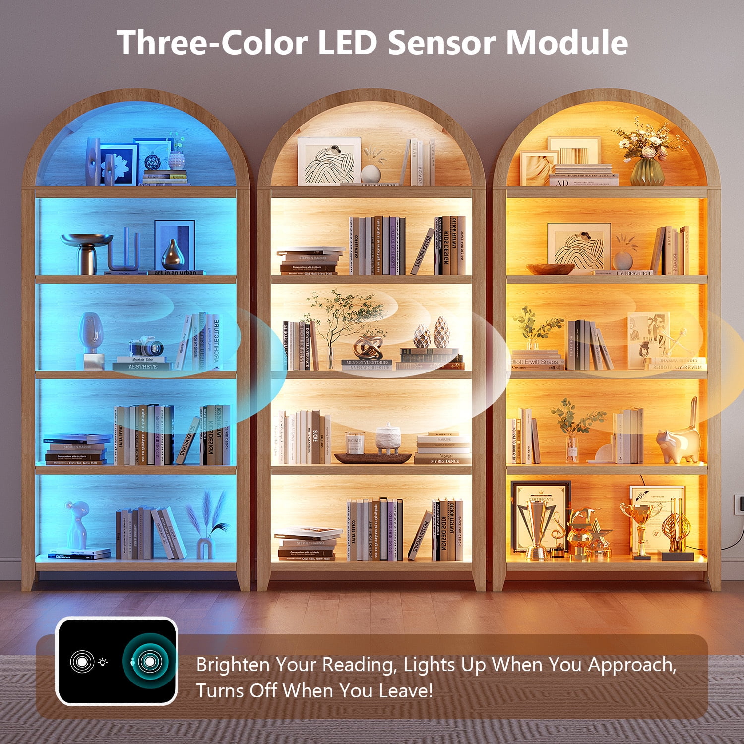 VKCC 68.9" Arched LED Bookcase with 5 Shelves, Modern Bookshelf for Living Room Office, Wood