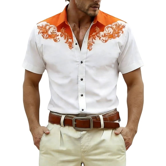 Western Style Printed Short Sleeve Shirt for Everyday Casual Outdoor Travel with Theme and Cowboy Vibe