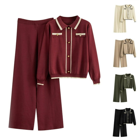 Simua Outfits Stes for Women Knit Cute Faux Button Lapel Shirts and Stretch Wide Leg Pants Sets Colorblock Sweatsuits