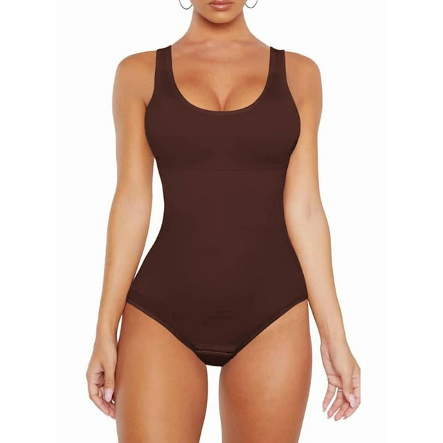 Tank Top Bodysuit for Women Tummy Control Slim Fit Sleeveless Body Suit Round Neck Coffee Color S