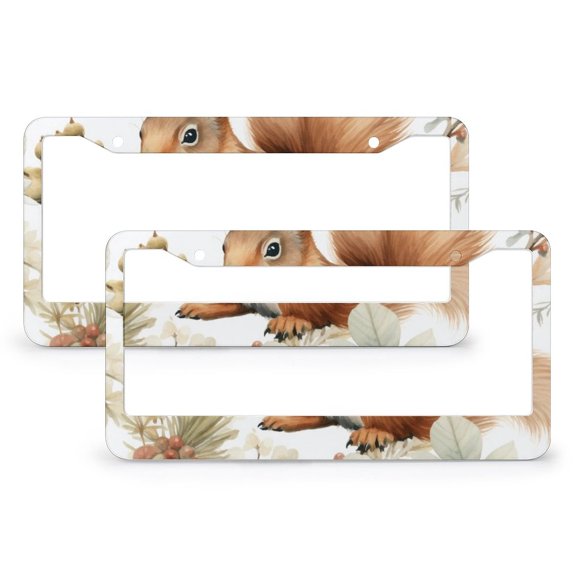 License Plate Frame Squirrel with Flowers Pine Cones Watercolor Style Licenses Plates Frames Front Licenses Plate Covers Car Tag Frame 2 Pcs Set Cute Animals Metal License Plate Cover Fits All Car