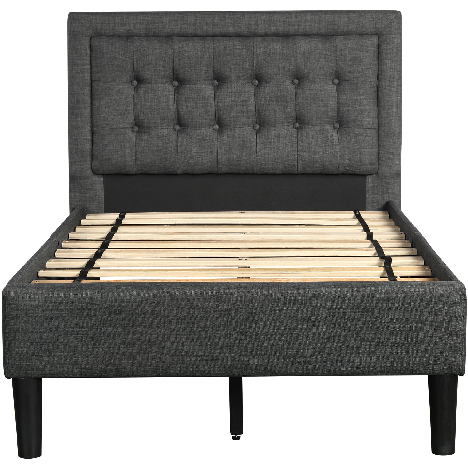 Button Tufted Platform Bed, Twin Size Bed Frame with Headboard, Gray