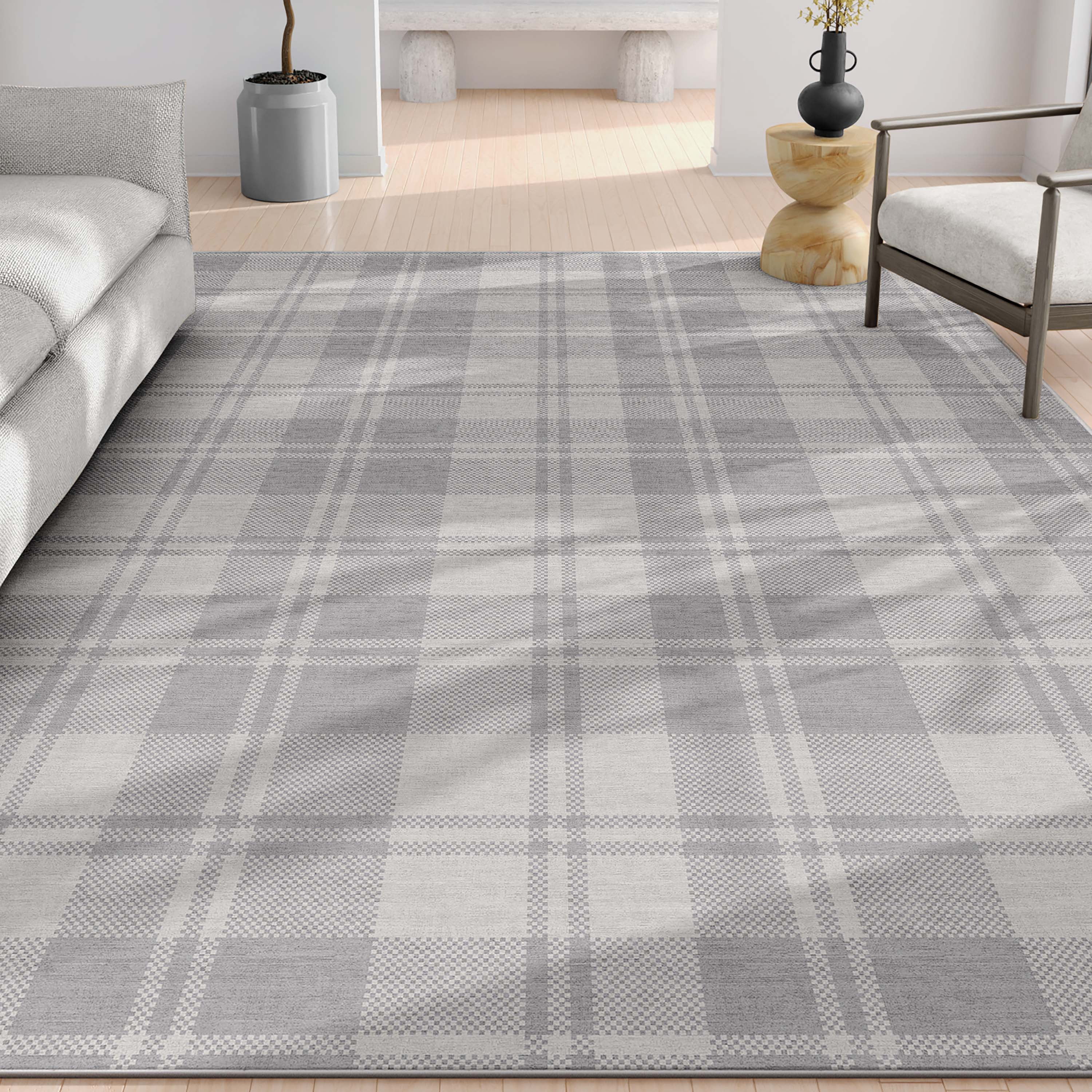 Well Woven Apollo Plaid Modern Light Grey Flat Pile Easy to Clean 7'7" x 9'10" Area Rug for Living Room Dining Room Bedroom and Kitchen