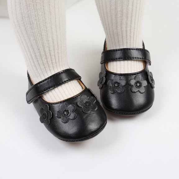 ZHOGXU Baby Kids Girls Shoes Non Slip Soft Sole Floral Design Solid Color Comfortable Elegant Princress Shoes For Casual Daily Wear,Black,0-6 Months