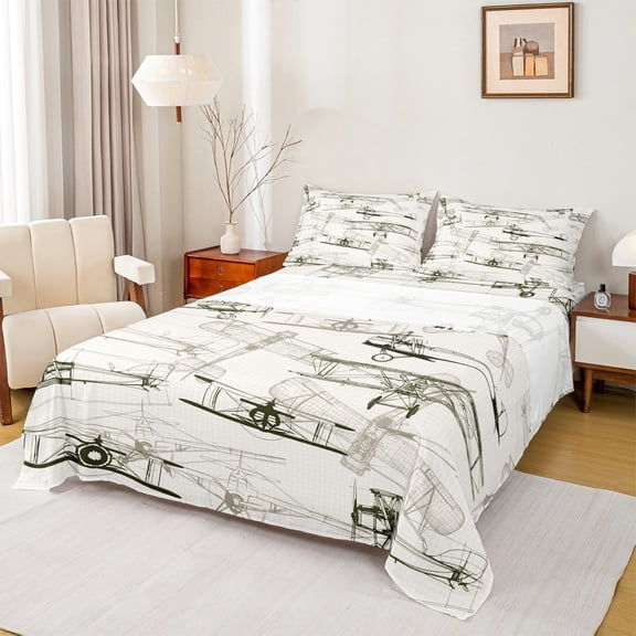 jejeloiu Aviation Aircraft Twin Sheet Sets,Ancient Airplane Pattern Twin Fitted Sheet,Light Gray Black Flat Sheet For Teens,Luxury Bedroom Decor,3-Piece