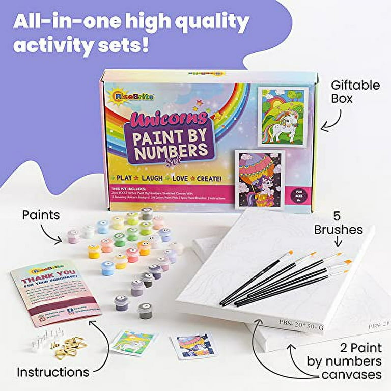 Paint by Numbers for Kids – 2 Pack Kids Paint by Number Unicorns Includes 2  (8x12) Stretched Canvas for Kids, 24 Color Paint pots and 5 Paint