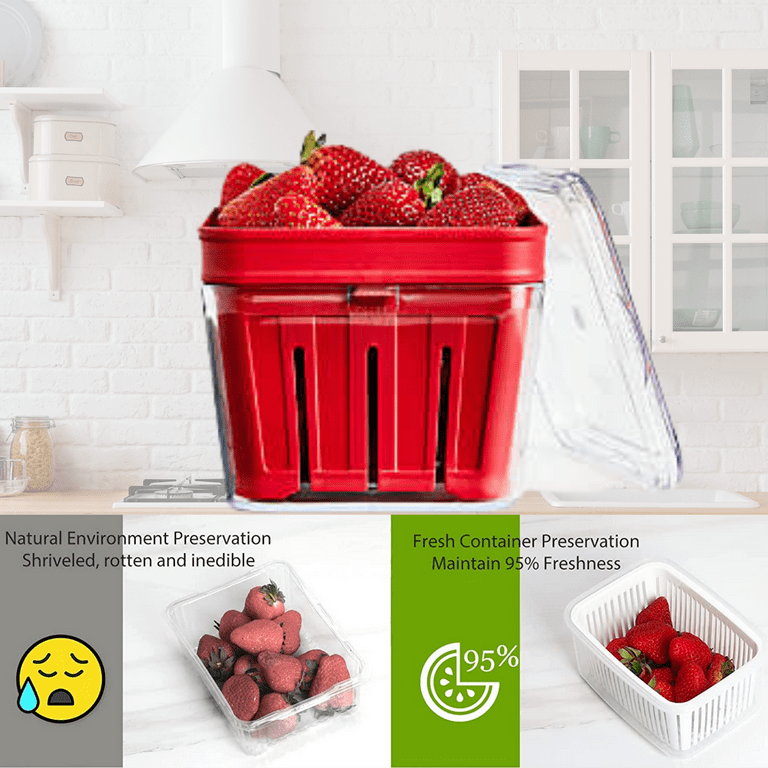 Plastic Food Storage Fresh Vegetable Fruit Containers with Lids & Colander  Keep Fresh & Easy to Clean Organizer for Home Kitchen Fridge Table Draining  Basket Set of 2 (Red) 