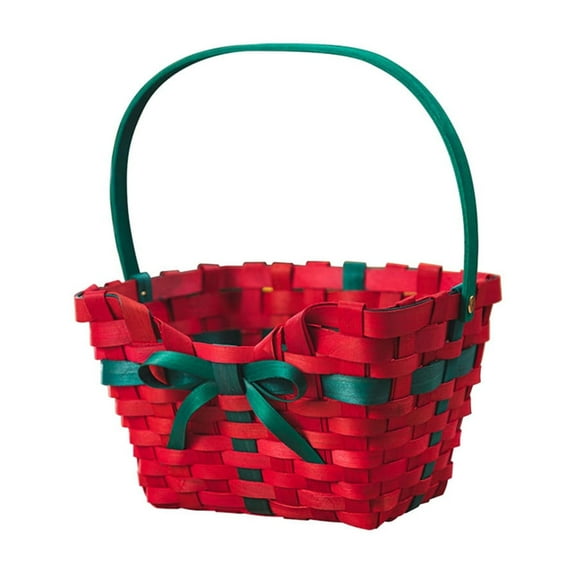 CASAFUN Christmas Baskets for Gifts Empty Hand-Woven Rectangle Red & Green Storage Baskets with Handle & Bow, Small Xmas Tote Basket for Holiday Decorative Present Wrapping