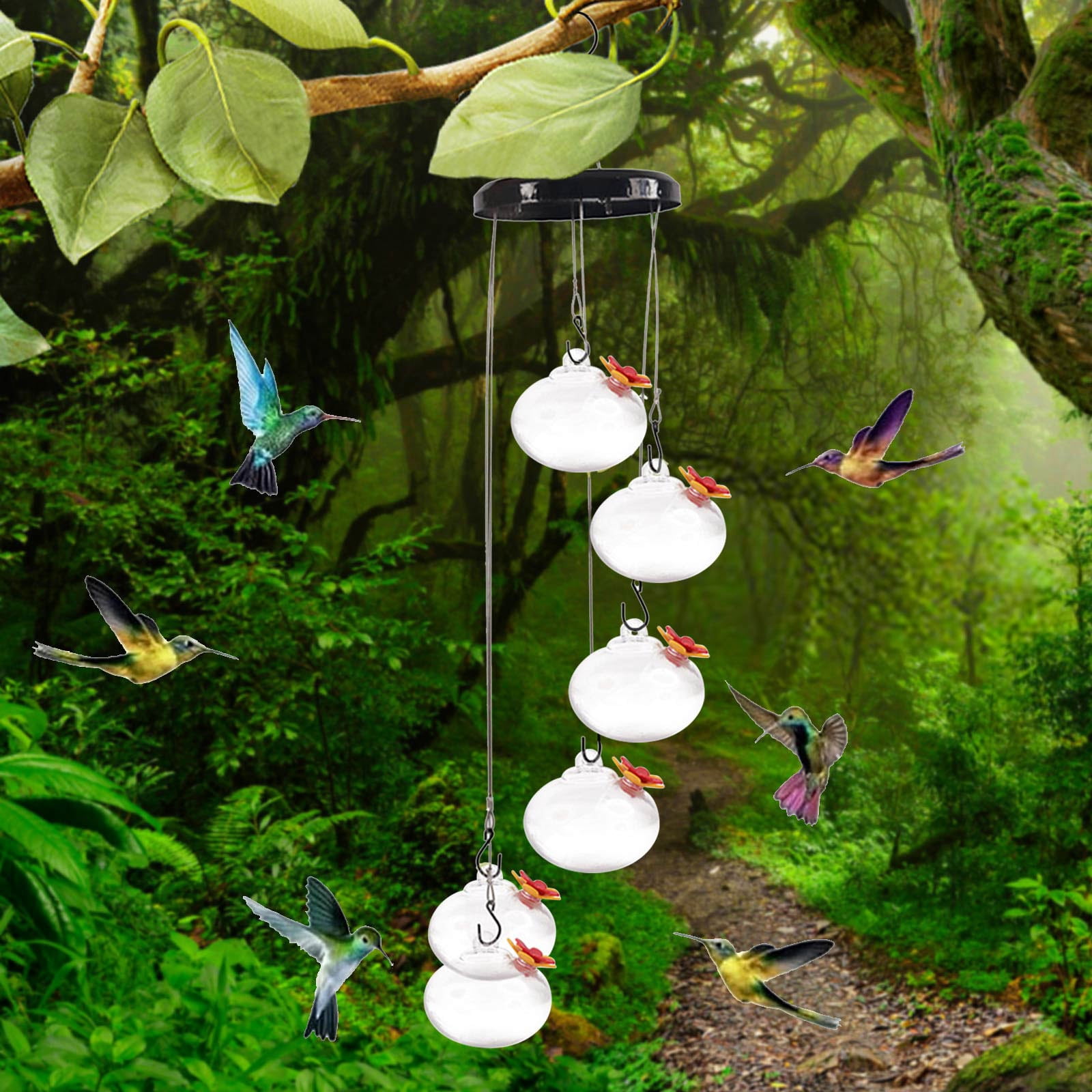 Hummingbird Feeder for Window Garden Patio for Outdoors, Wind Chimes Hummingbird Feeder, Leak-Proof, Ant and Bee Proof, Unique Glass Humming Bird Feeder Perfect Garden Decor