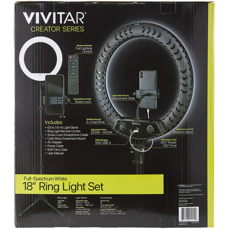 Vivitar 18-Inch LED Ring Light, Adjustable 63-Inch Tripod Stand, with Phone  Stand and Wireless Remote for Selfies