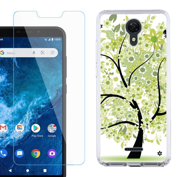 Slim-Fit Protective Phone Case compatible with Cricket Icon 2, with Tempered Glass Screen Protector, by OneToughShield ® - Green Tree