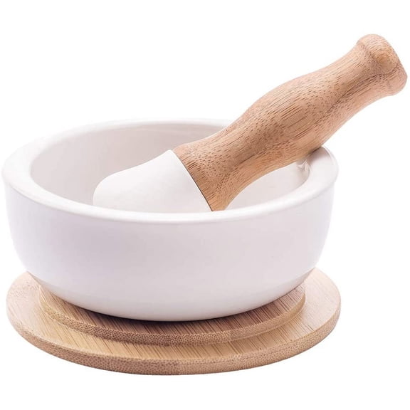 Alease Porcelain Mortar and Pestle Set – Pill Crusher, Spice Grinder, Herb Bowl, Pesto Powder – Molcajete for Salt - Plus Lid/Non-Slip Base