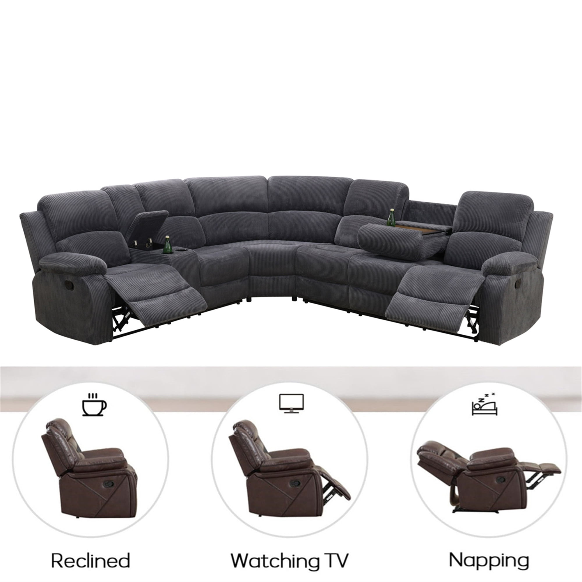 Aukfa 3-Piece Recliner Sofa Set, 6 Seat Sectional Couch with Cup Holders&Storage Console, Gray