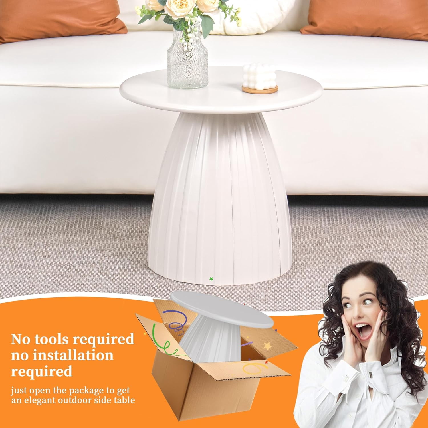 Round End Table for Living Room, Metal Small Side Table, Modern Nightstand Tea Table for Living Room, White