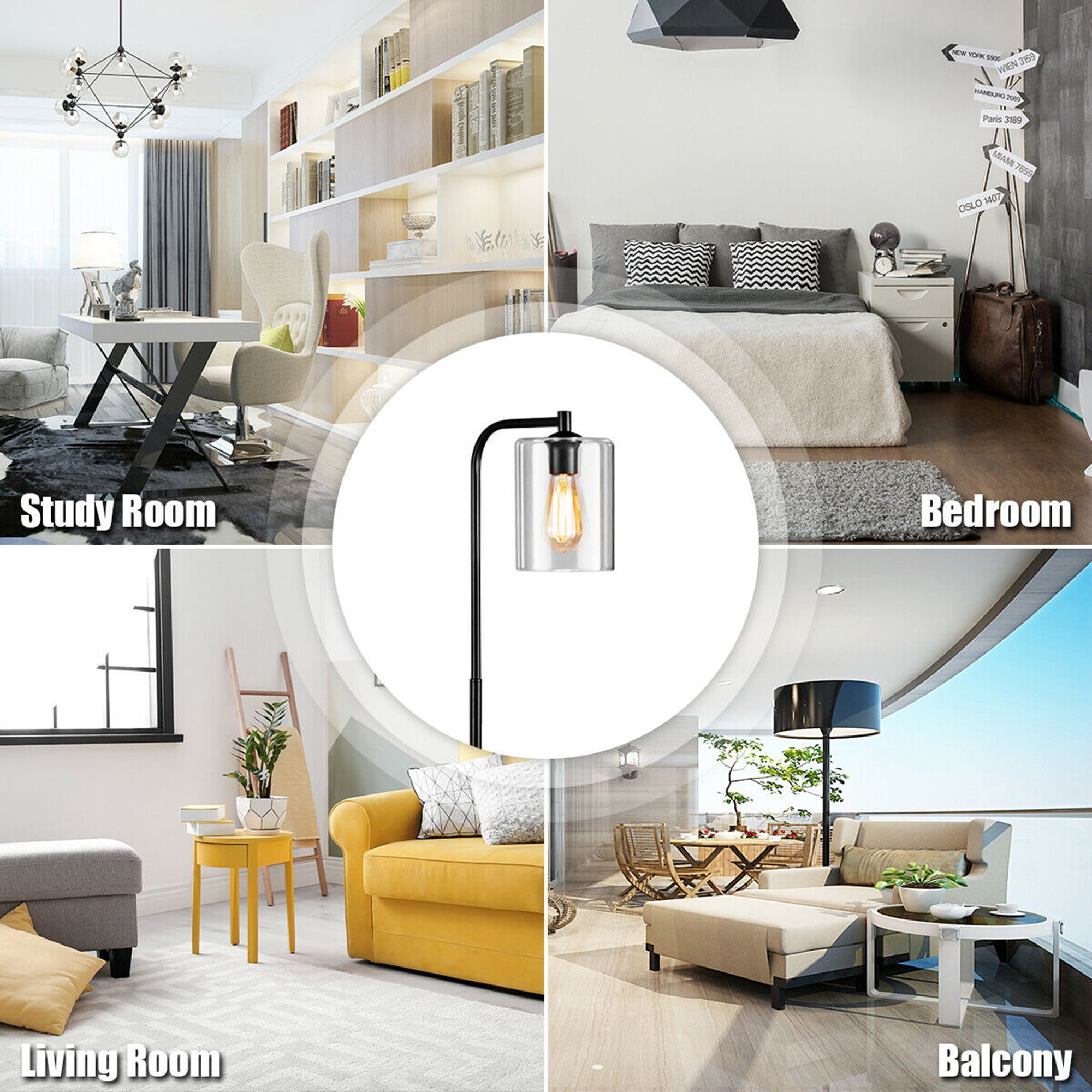 Gymax Industrial Floor Lamp w/ Glass Shade Indoor Modern Tall Pole Lamp for Office