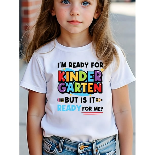 Girls' School T-Shirt - Cute Cartoon Graphic Tee with Colorful Lettering, Soft Stretchy Round Neck Top for Spring Summer Fall, Machine Washable Playful Back-to-School Outfit, Kindergarten Shirt