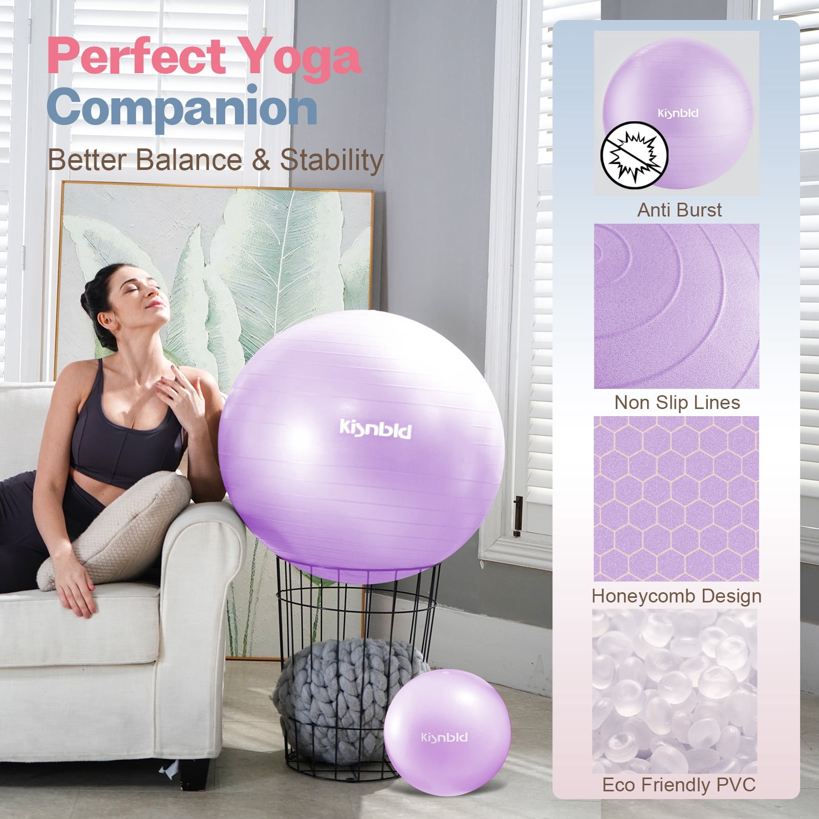 kisnbld Exercise Ball, Extra Thick Yoga Ball with Pilates Bal & Foot Pump, 3 Sizes Anti-Burst Home, Gym & Office Workout Equipment for Yoga or Sitting