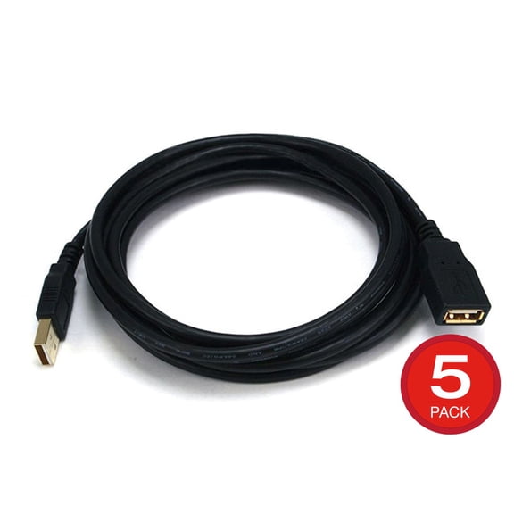 Monoprice USB Type-A to USB Type-A Female 2.0 Extension Cable - 10 Feet - Black (5 Pack) 28/24AWG, Gold Plated Connectors