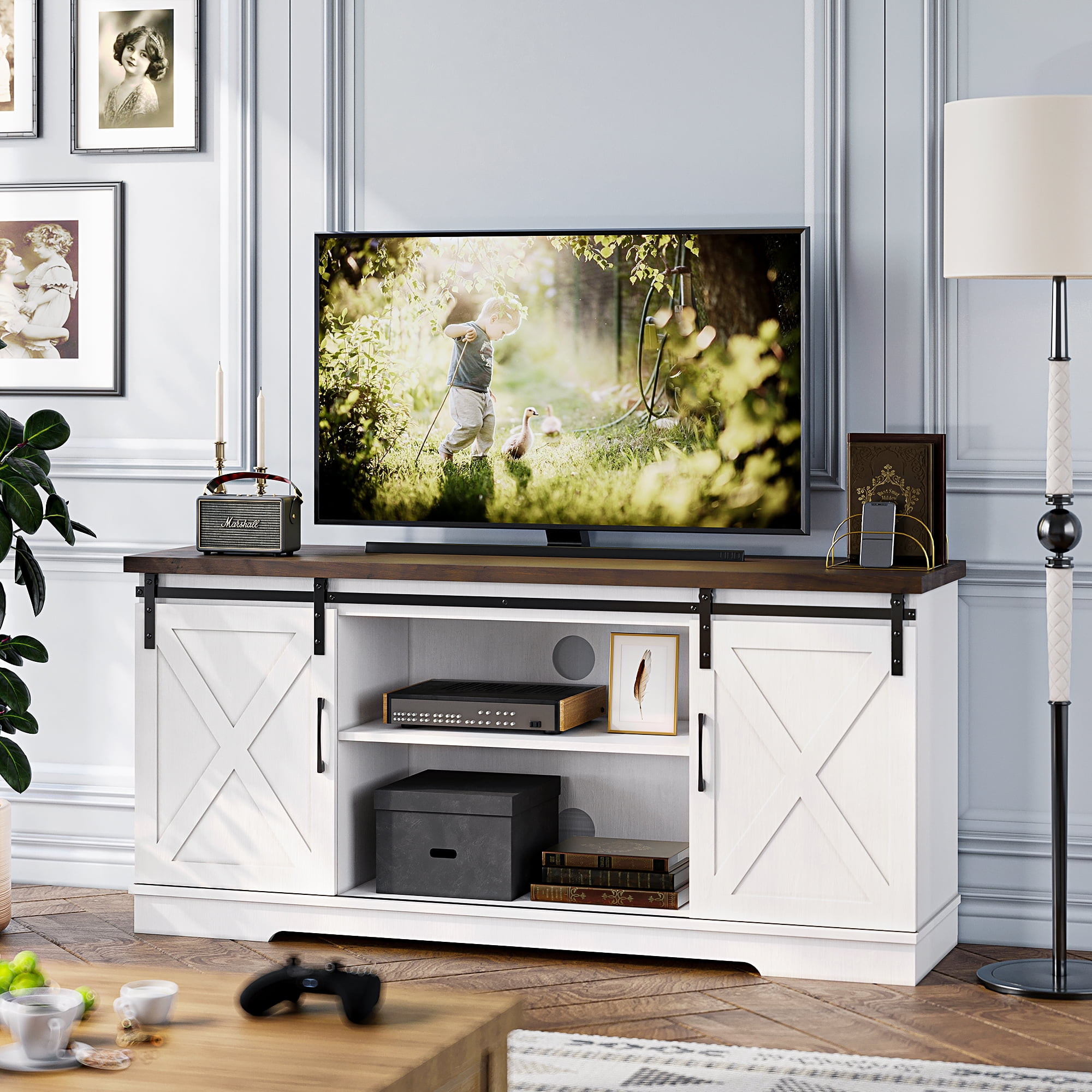 AndMakers 59 in. White TV Stand Fits TV s up to 65 in. with Cable Management