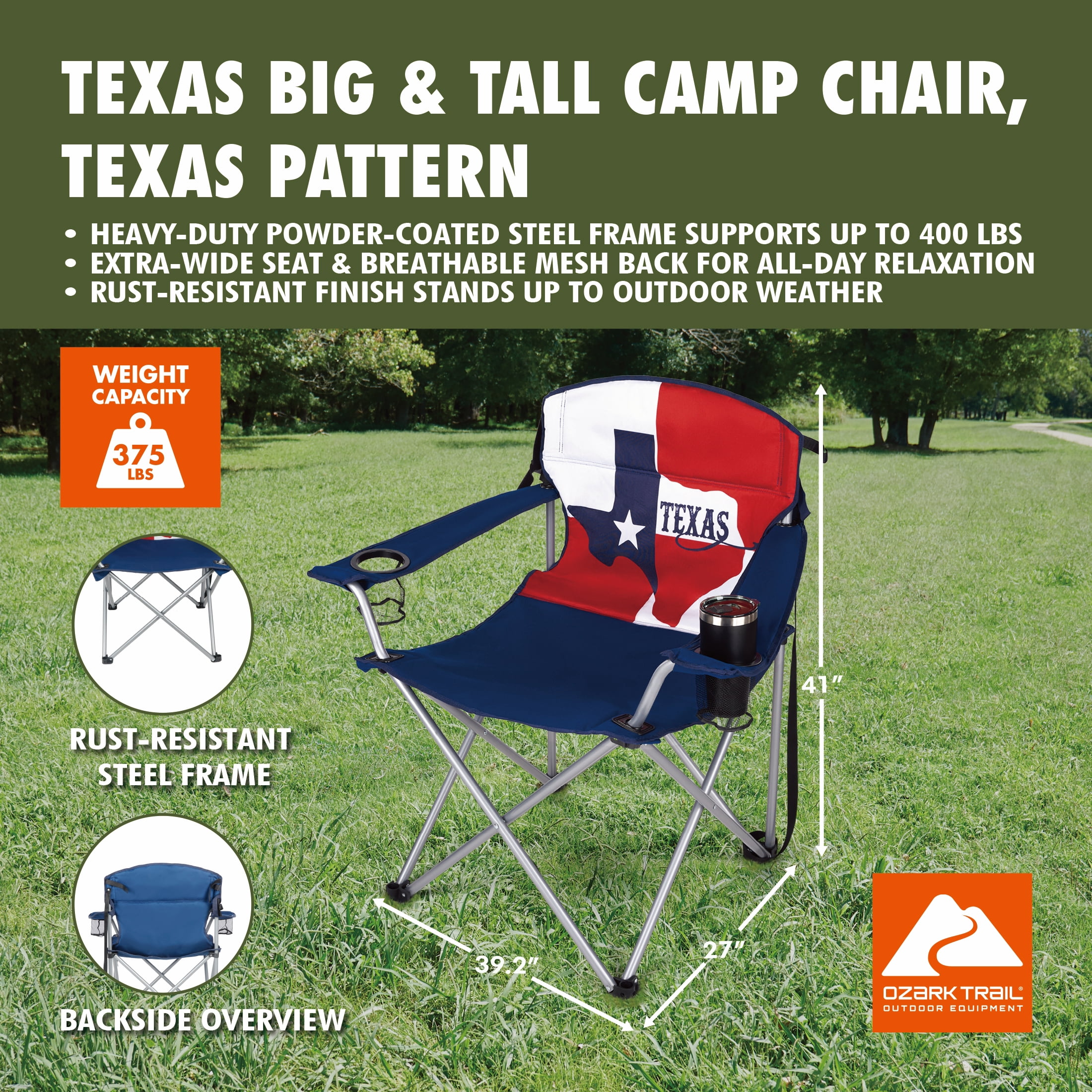 Ozark Trail Texas Big & Tall Camp Chair, Texas Pattern