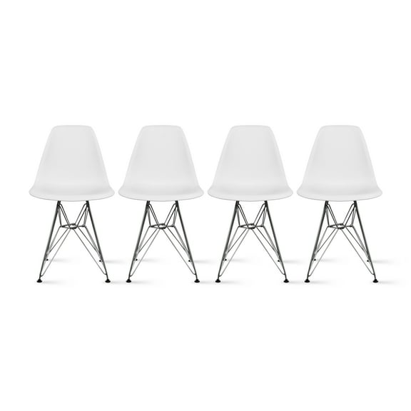 2xhome Set of 4 White Mid Century Modern Vintage Molded Shell Assembled Chairs Chrome Wire Metal Eiffel Side Armless No Arms With Back DSW for Desk Work Office Dining Living Kitchen Bedroom