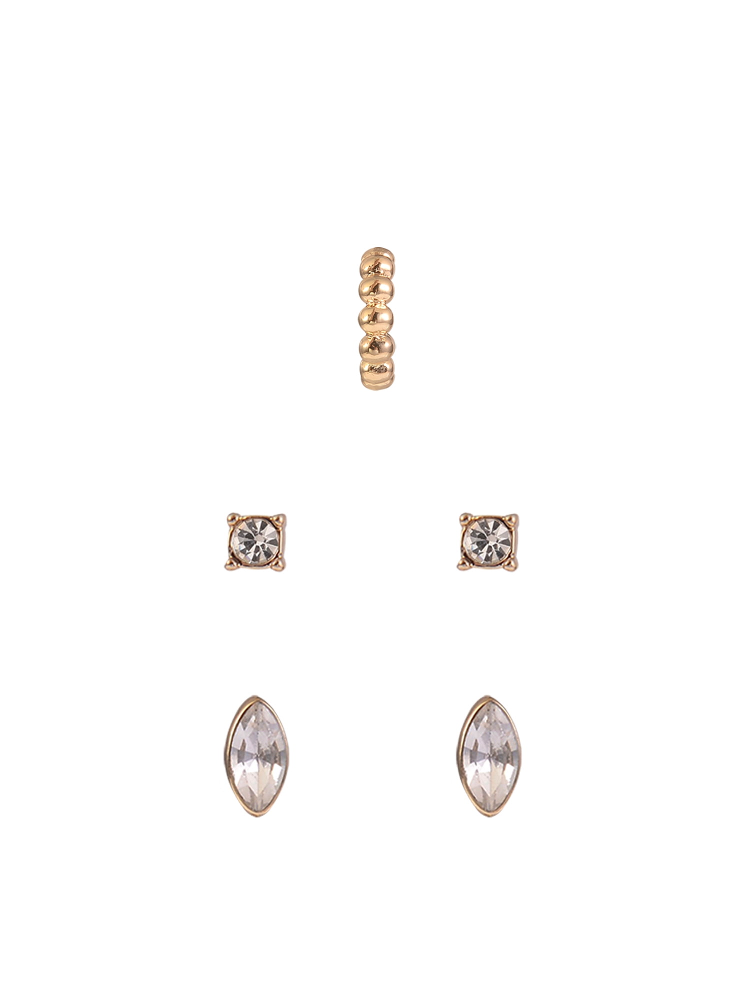 Time and Tru Adult Female Gold-Tone 5 Pair Crystal Stone Navette and Textured Hoop Multi Stacker Earring Set