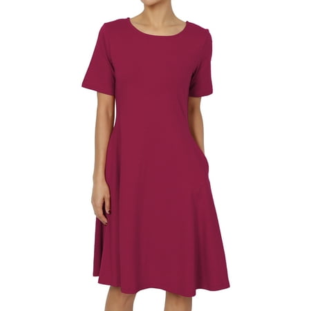 TheMogan Women's S~3X Short Sleeve Stretch Cotton Jersey Fit & Flare Dress W Pocket