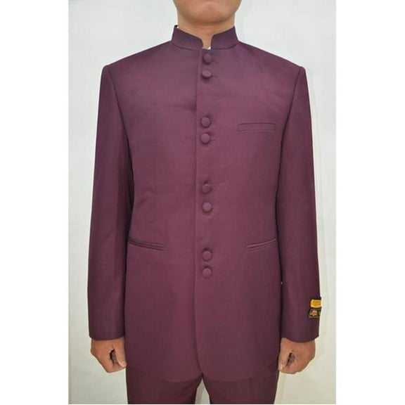 Mens Eight Button Mandarin Banded Collar Burgundy Suits