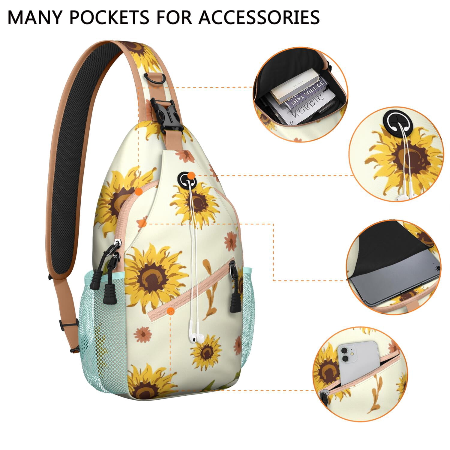 Country Sunflower Farm Theme Sling Bag Golden Floral Chest Backpack with Spacious Pockets Hands-Free Option for Men & Women